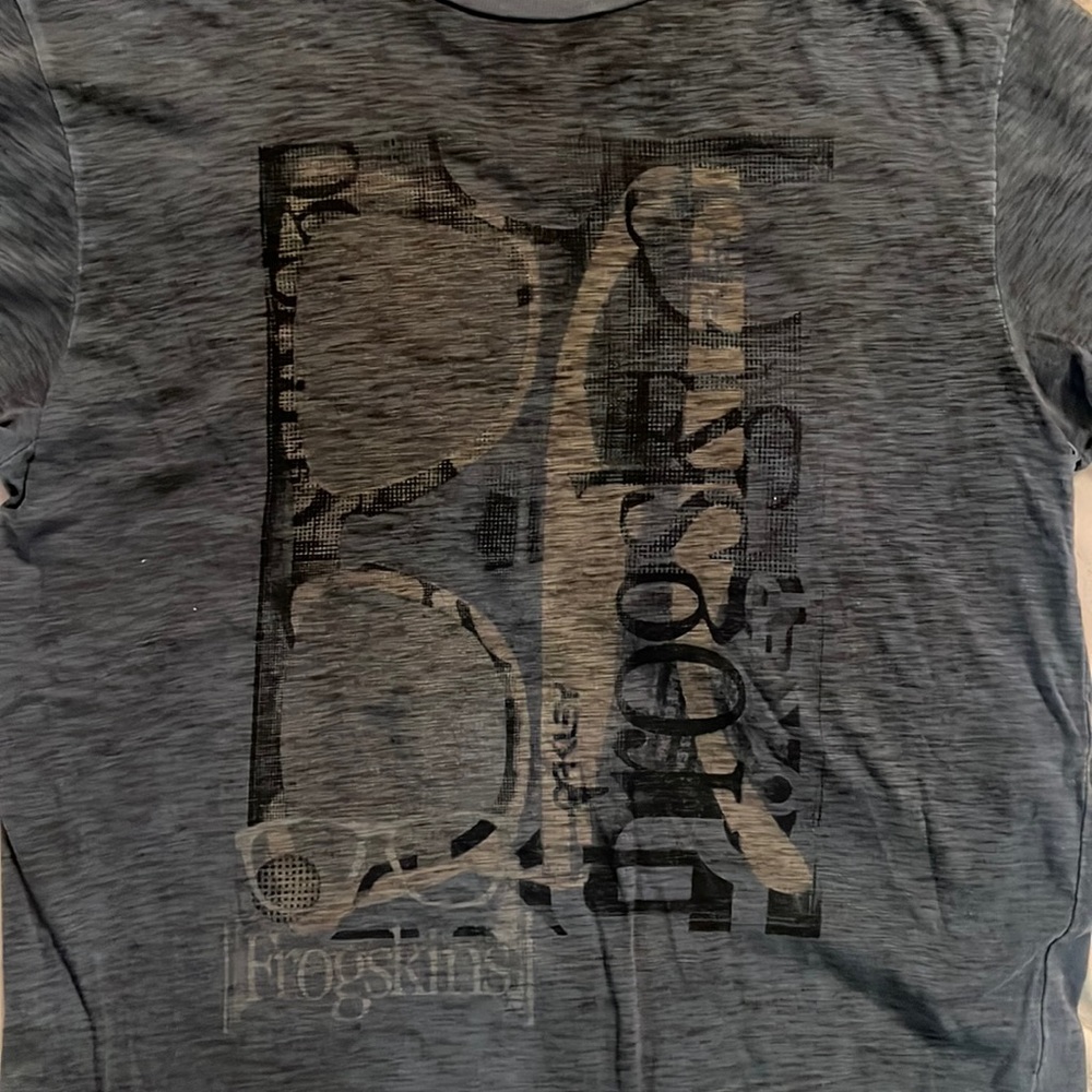 Slate colored, short sleeve T-shirt, frog skin Oakley glasses design on front